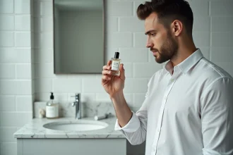 Homme élégant tenant un flacon de parfum Zara dans une salle de bain moderne, comparant les alternatives de luxe abordables