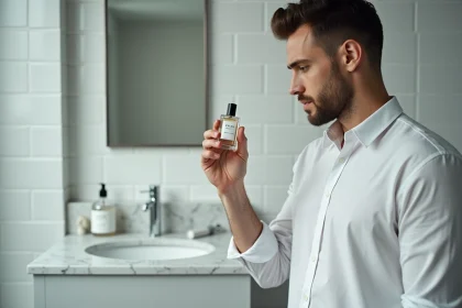 Homme élégant tenant un flacon de parfum Zara dans une salle de bain moderne, comparant les alternatives de luxe abordables