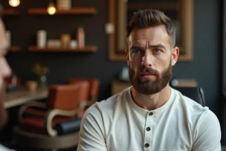 Homme dans un salon de coiffure examinant un trou dans sa barbe en forme de bouc dans un miroir