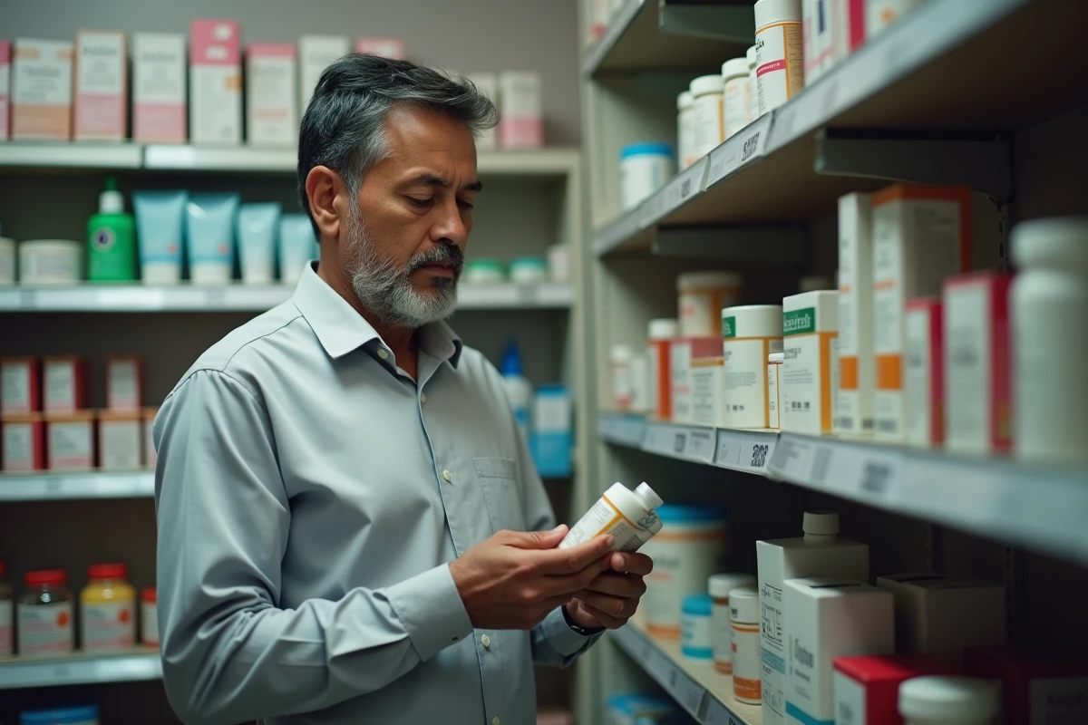 Homme lisant les étiquettes de khol dans une pharmacie locale