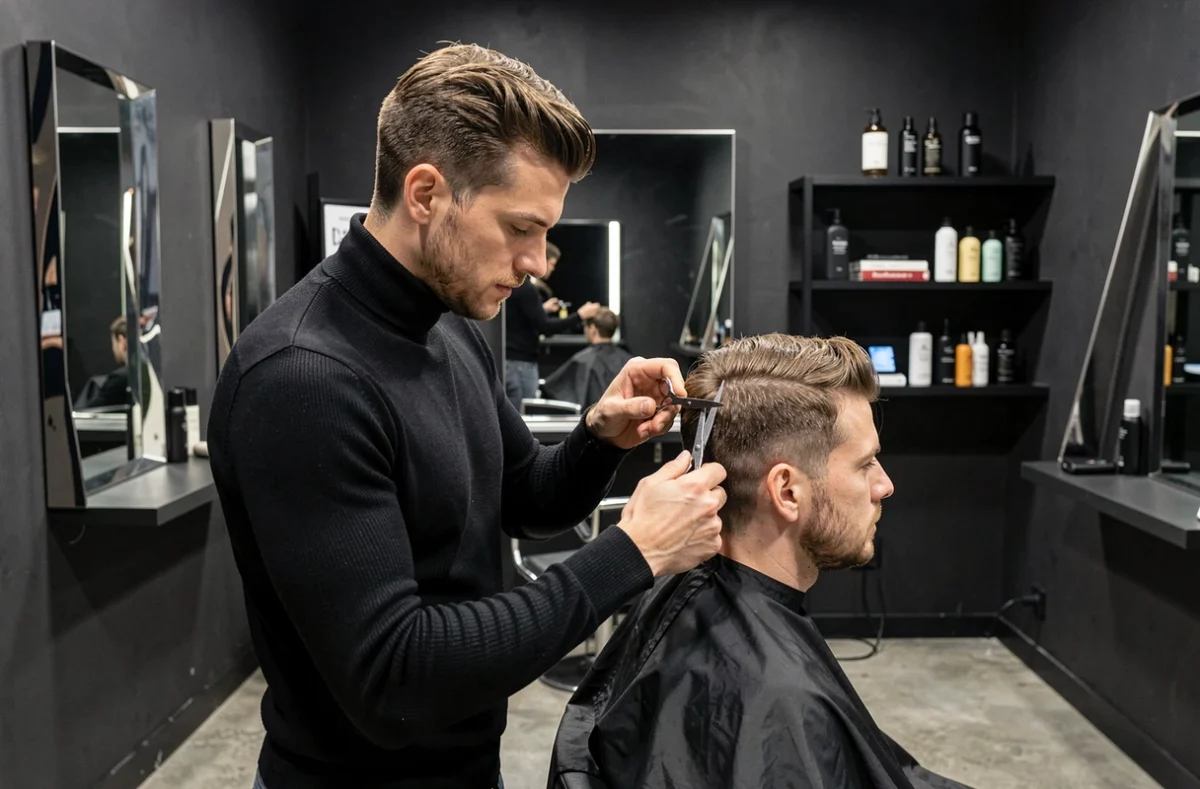 Coiffeur réalisant une coupe précise dans le salon moderne Identi-T à Saint-Étienne