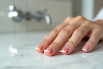 Gros plan sur une main de femme montrant une rougeur et un gonflement autour d'un ongle, signe d'une infiltration ou infection sous-unguéale