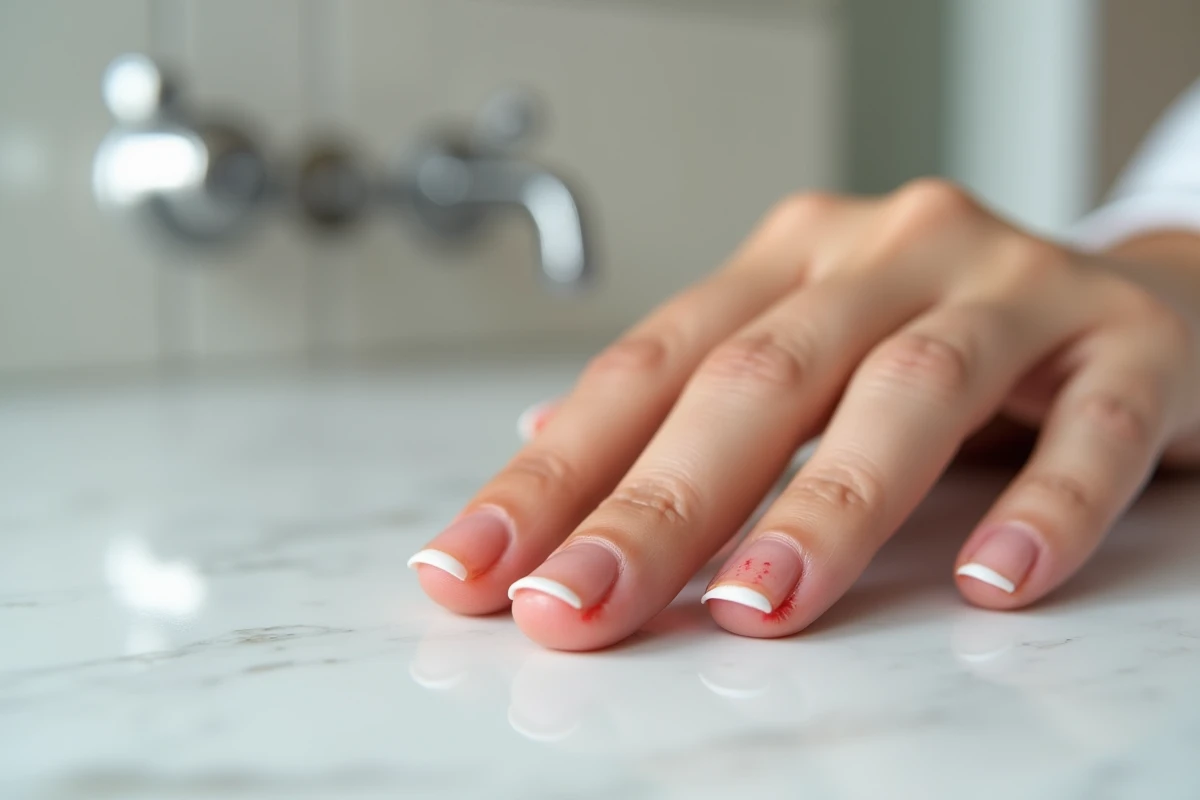 Gros plan sur une main de femme montrant une rougeur et un gonflement autour d'un ongle, signe d'une infiltration ou infection sous-unguéale
