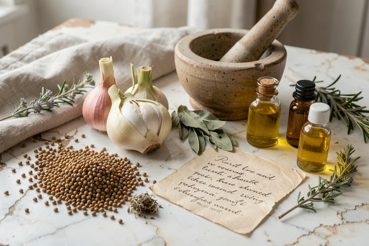 Composition de plantes et ingrédients naturels utilisés dans les recettes de grand-mère pour le bien-être féminin, photographiés en flat lay sur marbre