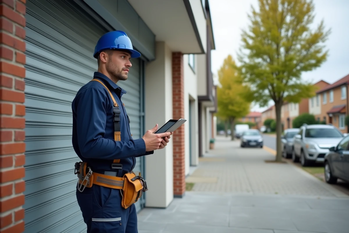 Installateur professionnel de volets roulants devant une maison moderne consultant une tablette numérique