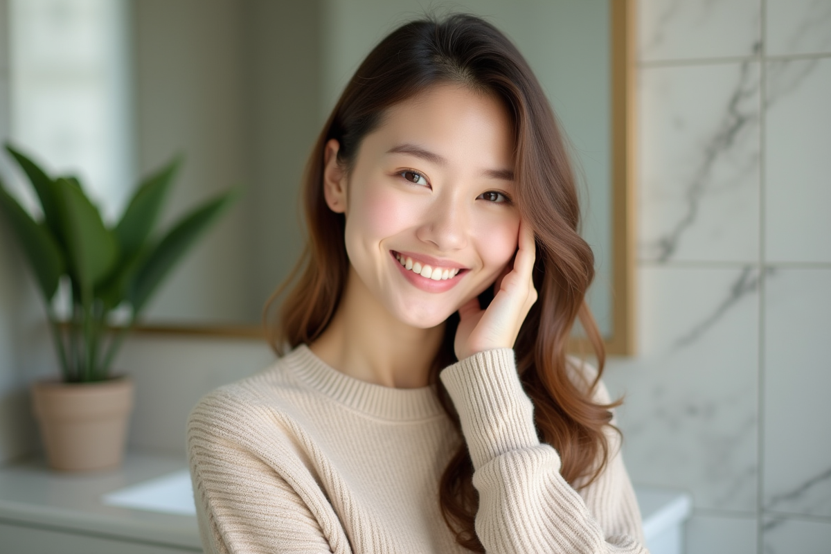 Jeune femme souriante en salle de bain lumineuse