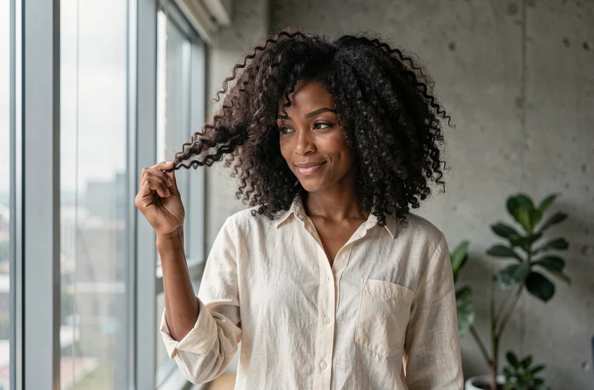 Jeune femme noire avec des cheveux afro bouclés évaluant la longueur de ses boucles dans un appartement moderne