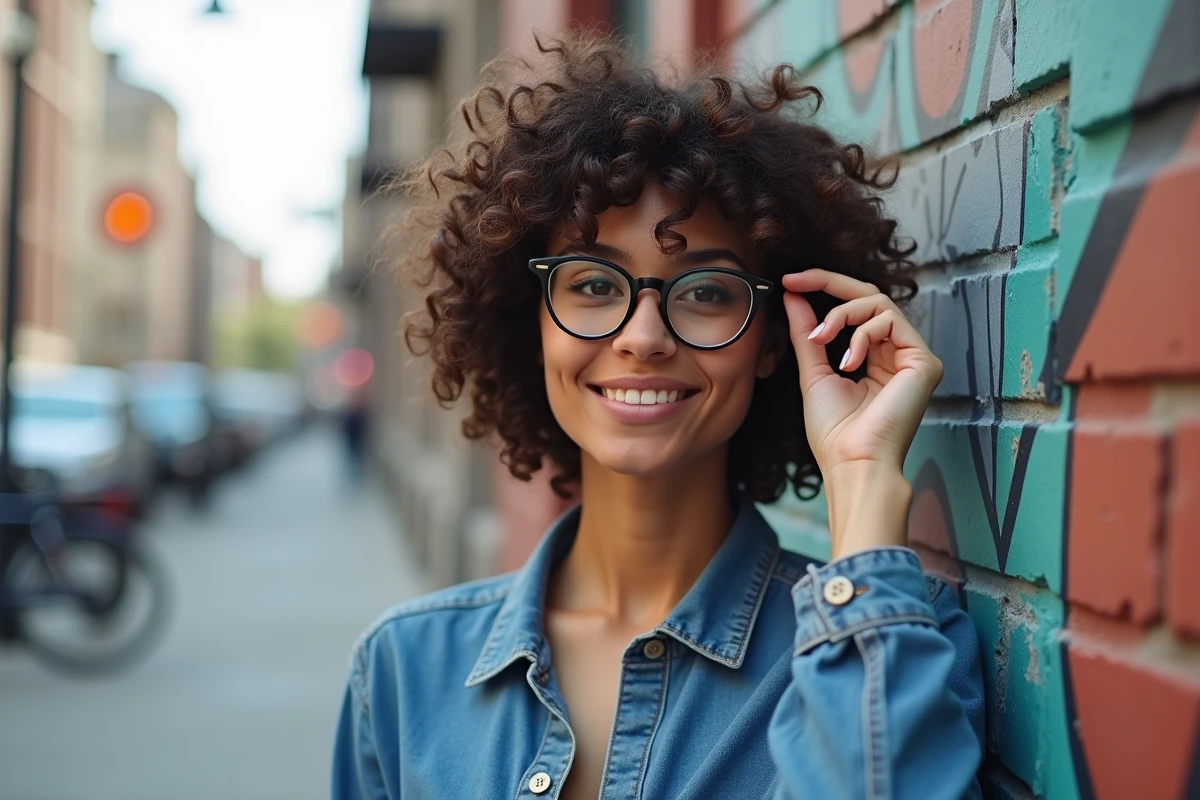 Jeune femme aux cheveux bouclés dans la rue urbaine