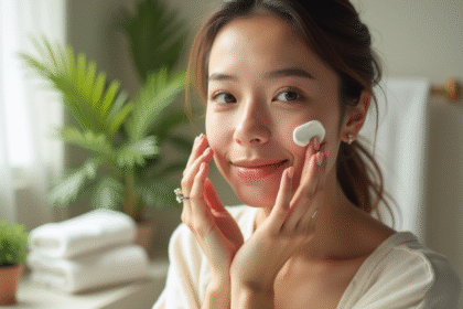 Jeune femme appliquant une crème hydratante dans une salle de bain lumineuse