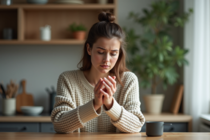 Jeune femme regarde ses mains avec curiosite et frustration