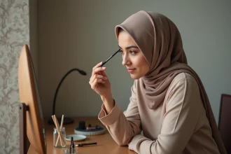 Jeune femme musulmane examine un crayon khol dans sa salle de bain