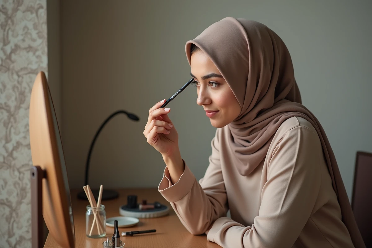 Jeune femme musulmane examine un crayon khol dans sa salle de bain