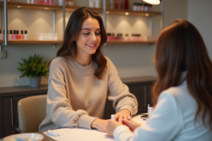 Jeune femme souriante en manucure dans un salon moderne
