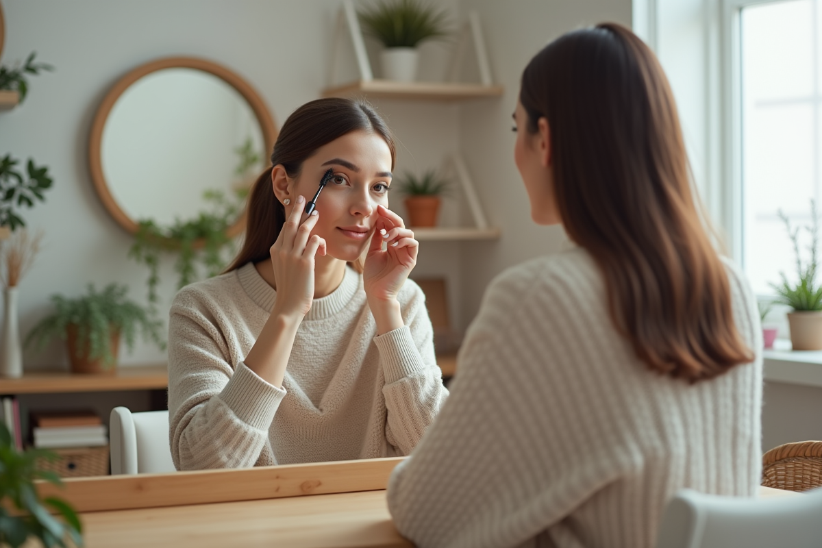 Jeune femme appliquant du mascara dans son miroir