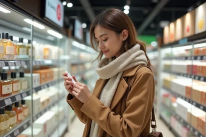 Jeune femme testant un parfum en supermarche