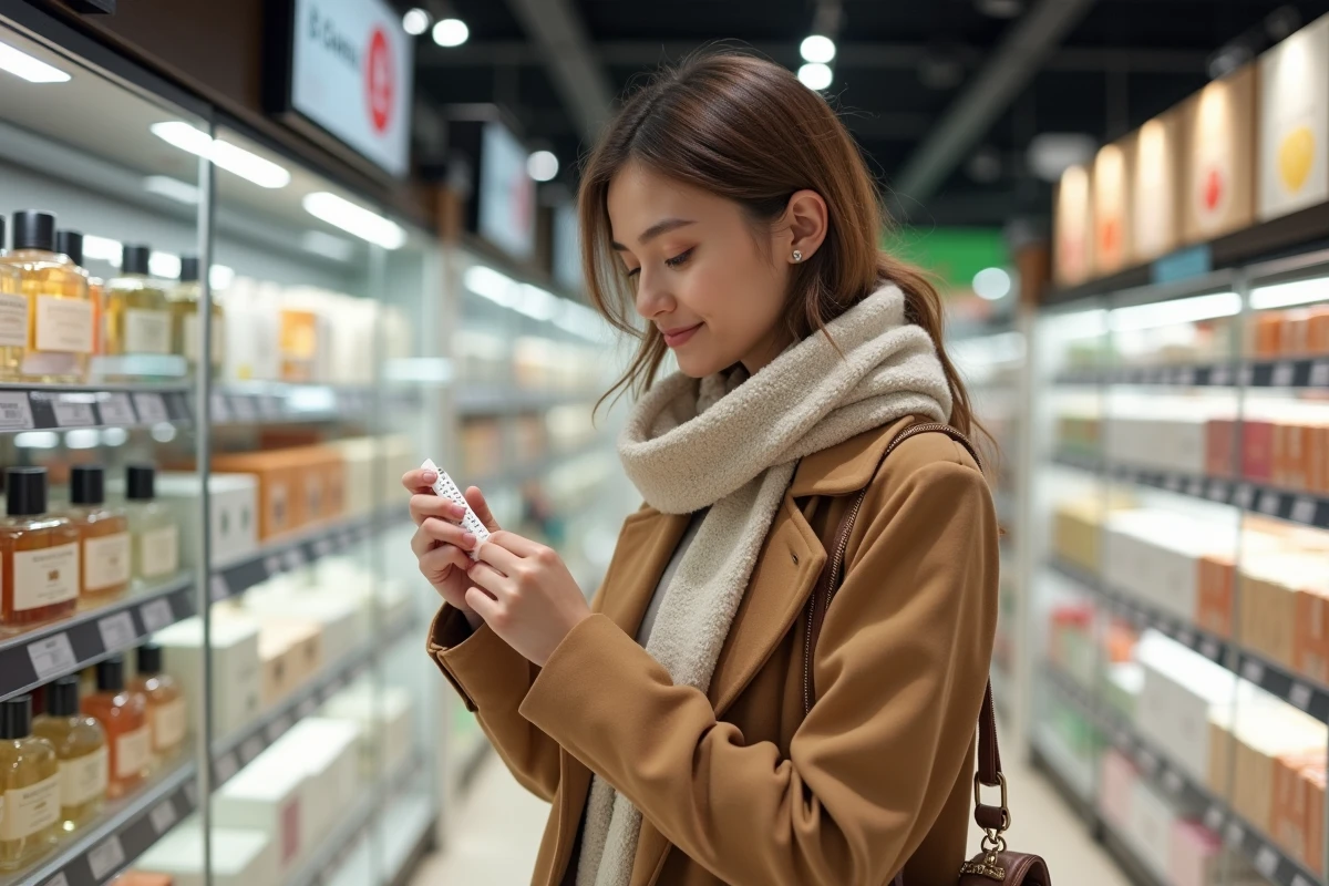 Jeune femme testant un parfum en supermarche