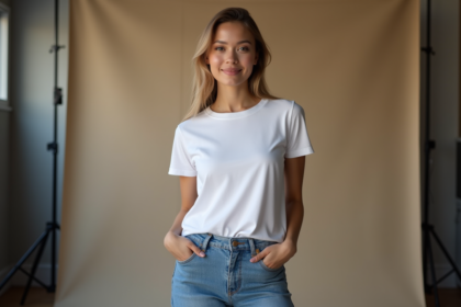 Jeune femme confiante en studio avec t-shirt blanc et jeans