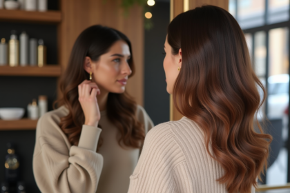 Jeune femme regardant dans un miroir dans un salon de coiffure