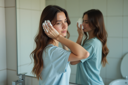 Jeune femme se lavant les cheveux dans la salle de bain