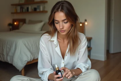 Jeune femme examine un serum capillaire dans sa chambre chaleureuse