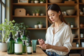 Jeune femme examine des produits de soin botanique en boutique