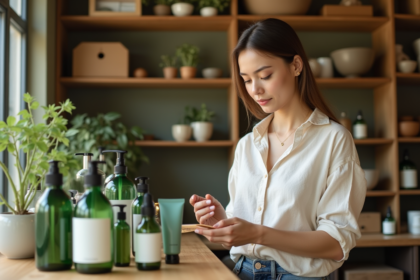 Jeune femme examine des produits de soin botanique en boutique