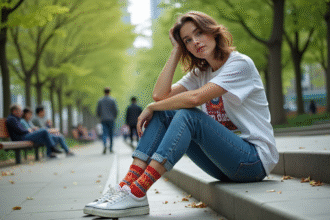 Jeune femme en jeans et t-shirt dans un parc urbain
