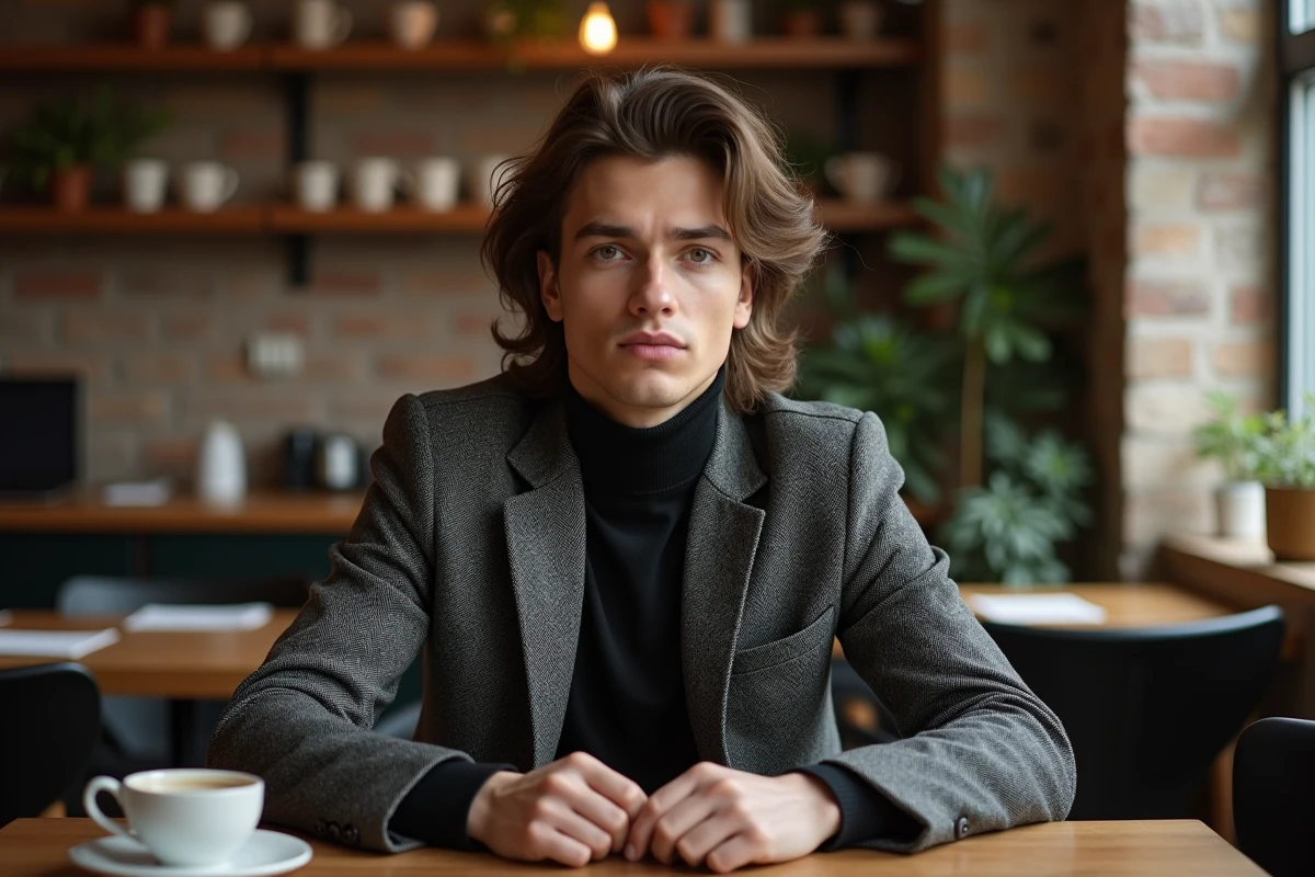 Homme en turtleneck dans un café chaleureux