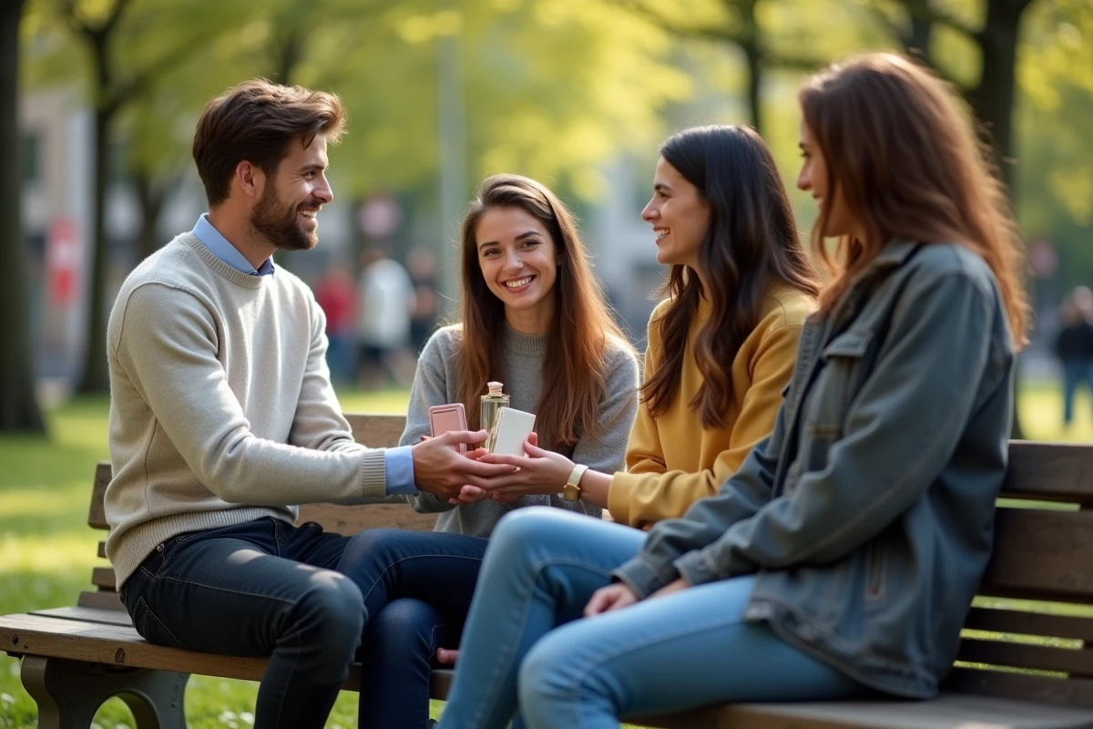 Jeune homme partageant des parfums avec amis au parc