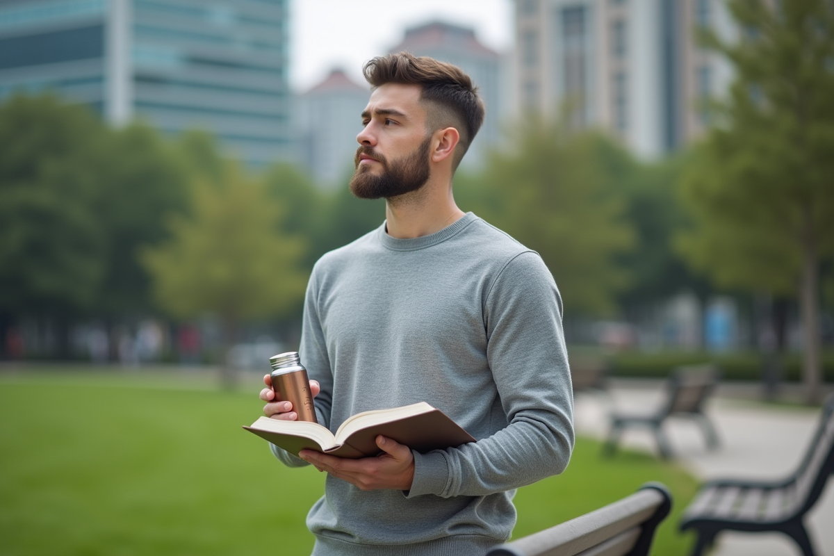 Jeune homme dans un parc urbain avec livre et bouteille d