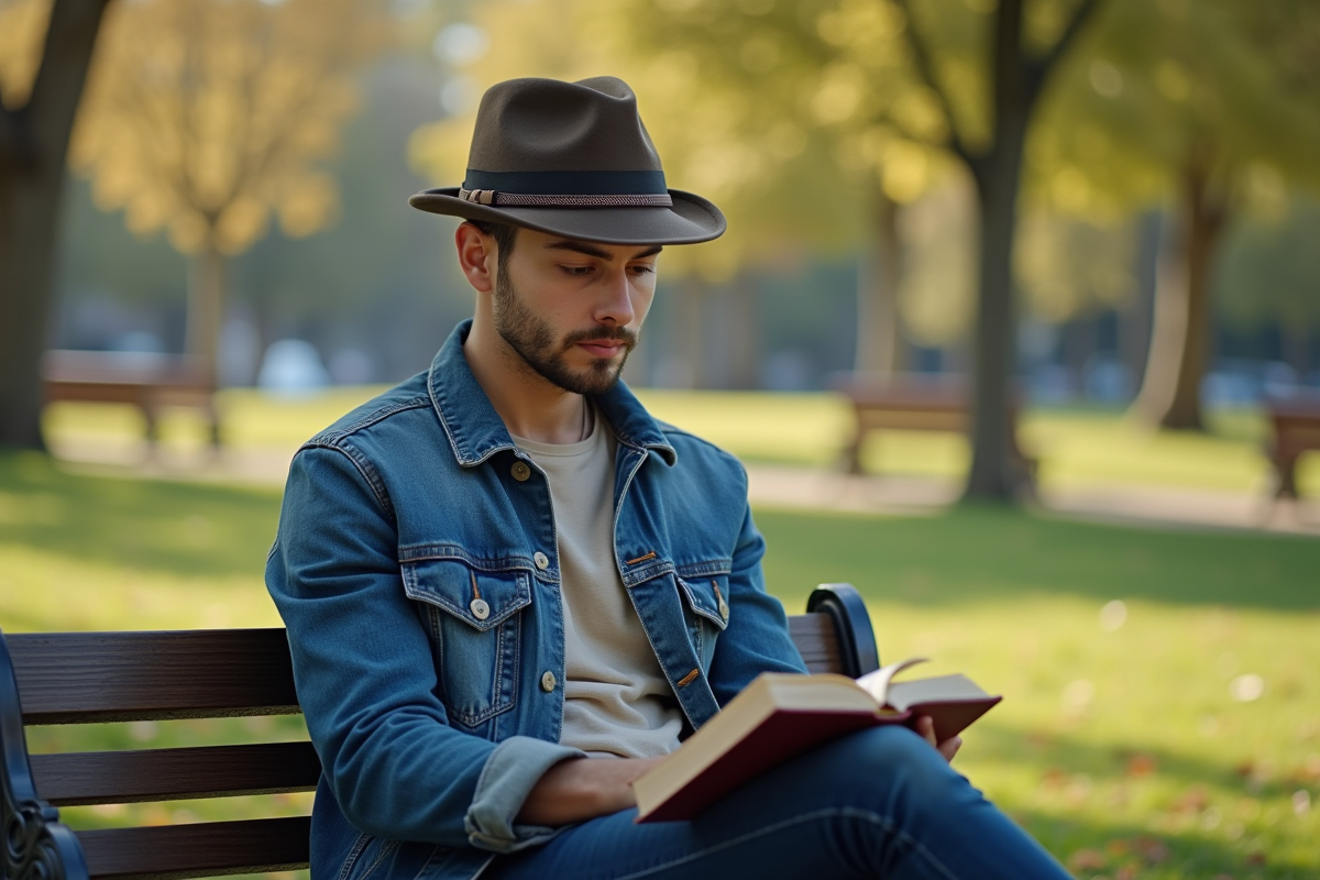 Jeune homme lisant un livre sur un banc dans un parc ensoleille