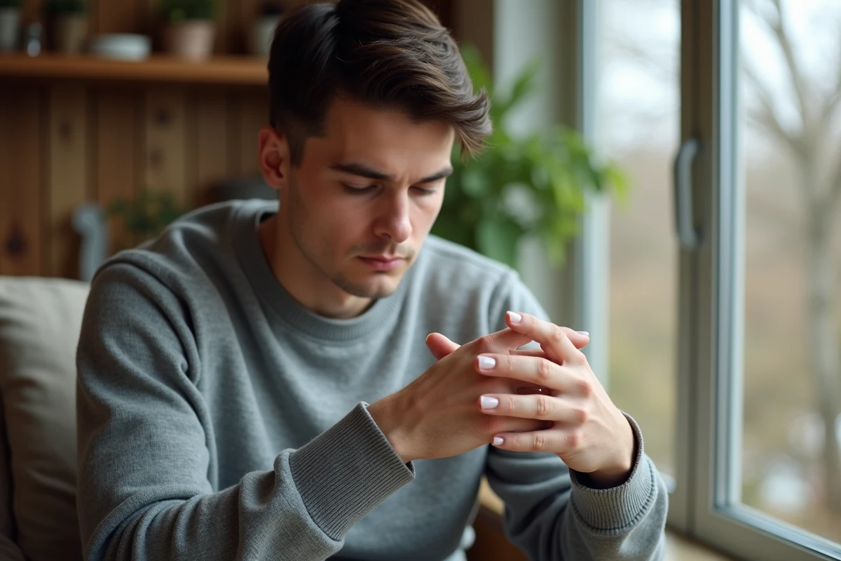 Jeune homme examine ses ongles en porcelaine