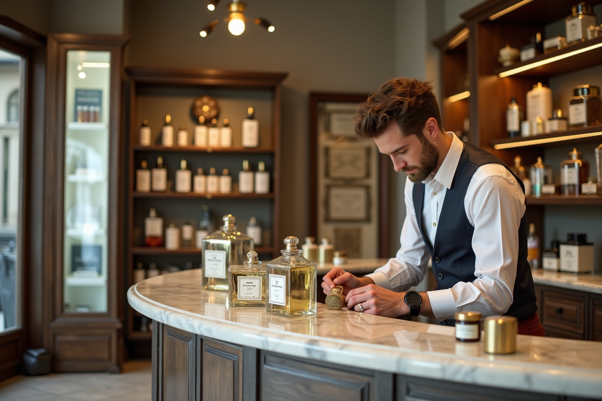 Jeune homme organisant des flacons dans une parfumerie