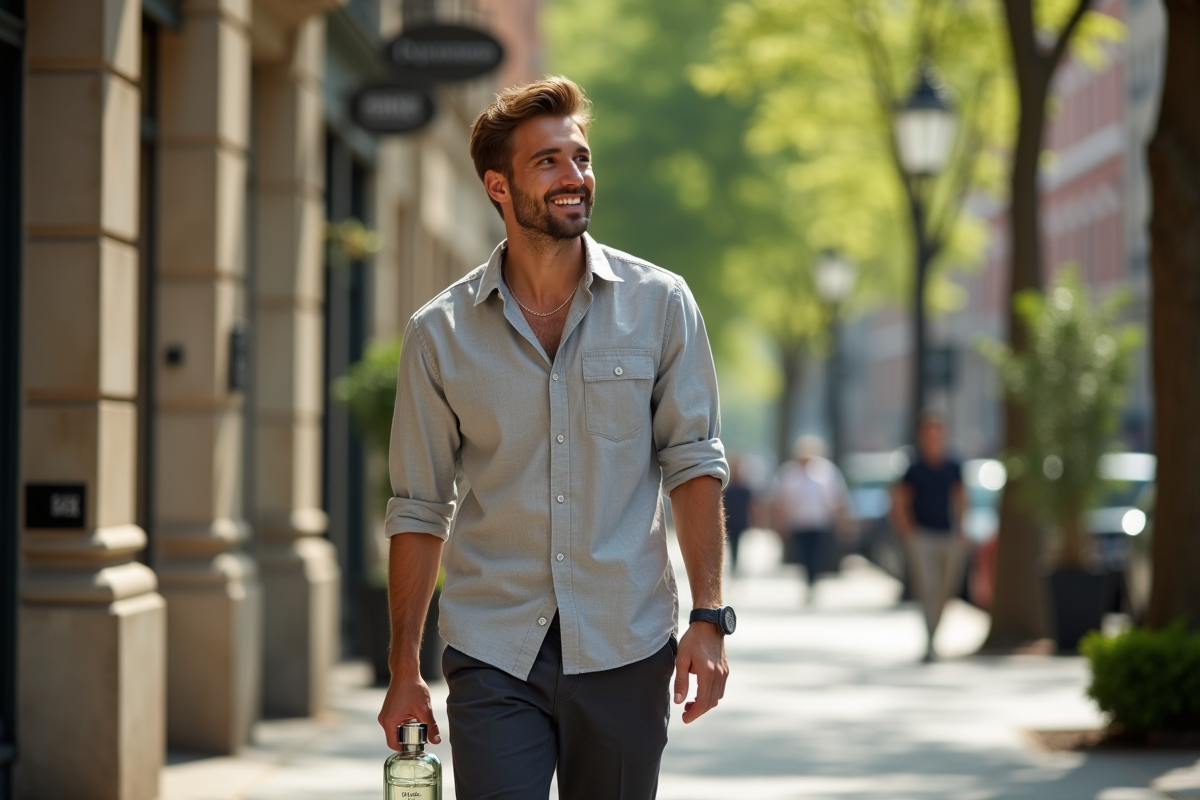 Jeune homme dans la rue urbaine avec parfum et sourire naturel