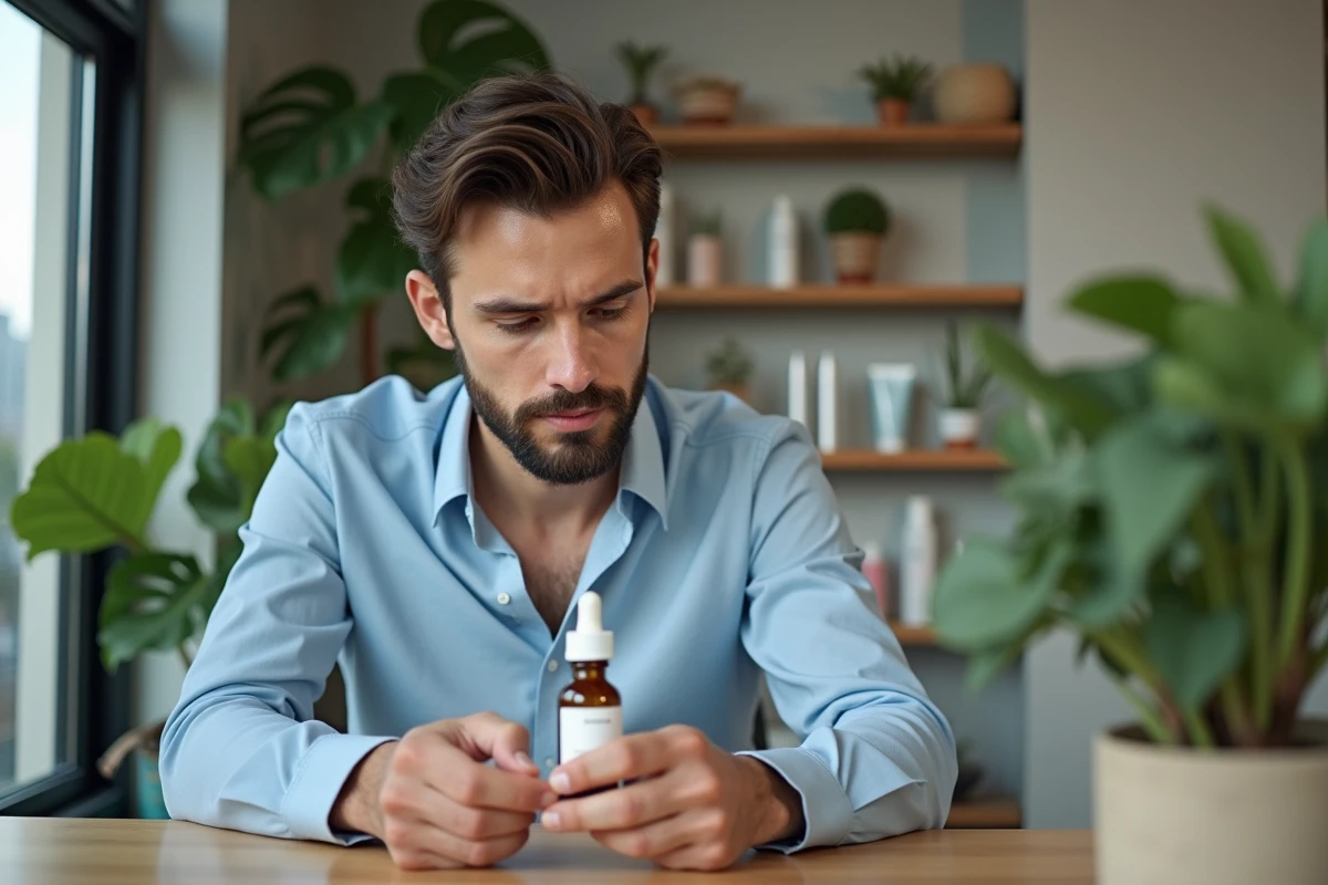 Jeune homme examinant un serum vitamine C à la maison