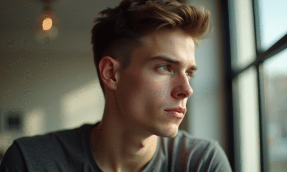 Jeune homme au style avec cheveux texturés et lumière naturelle