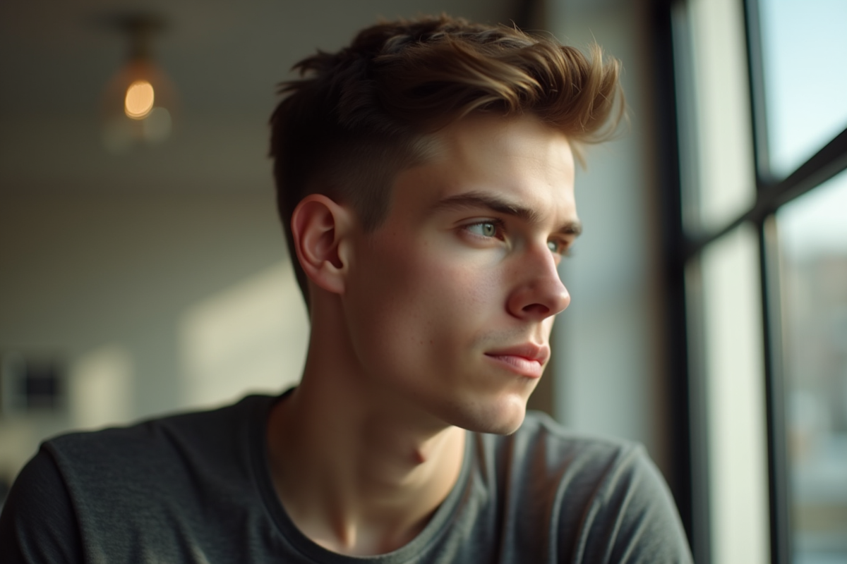 Jeune homme au style avec cheveux texturés et lumière naturelle