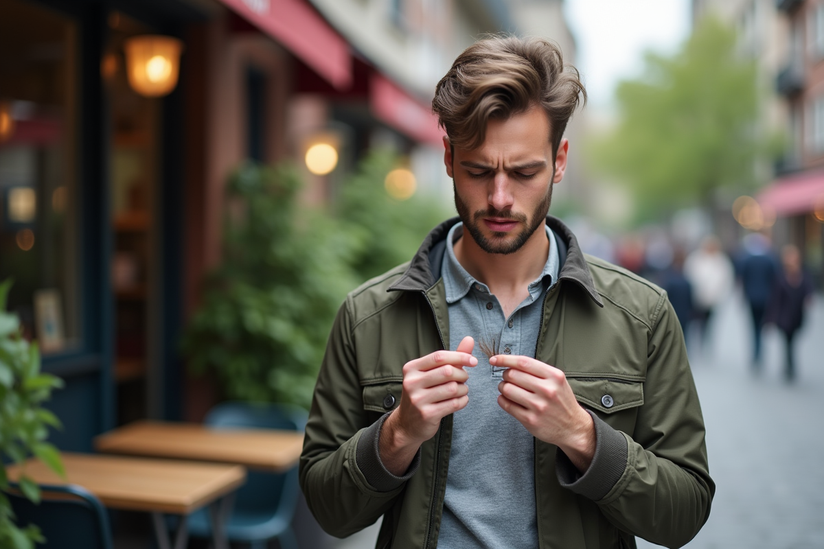 Jeune homme regardant ses cheveux en terrasse de café