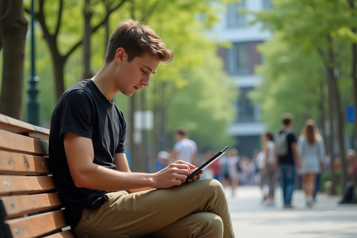 Jeune homme regardant son portfolio dans un parc urbain