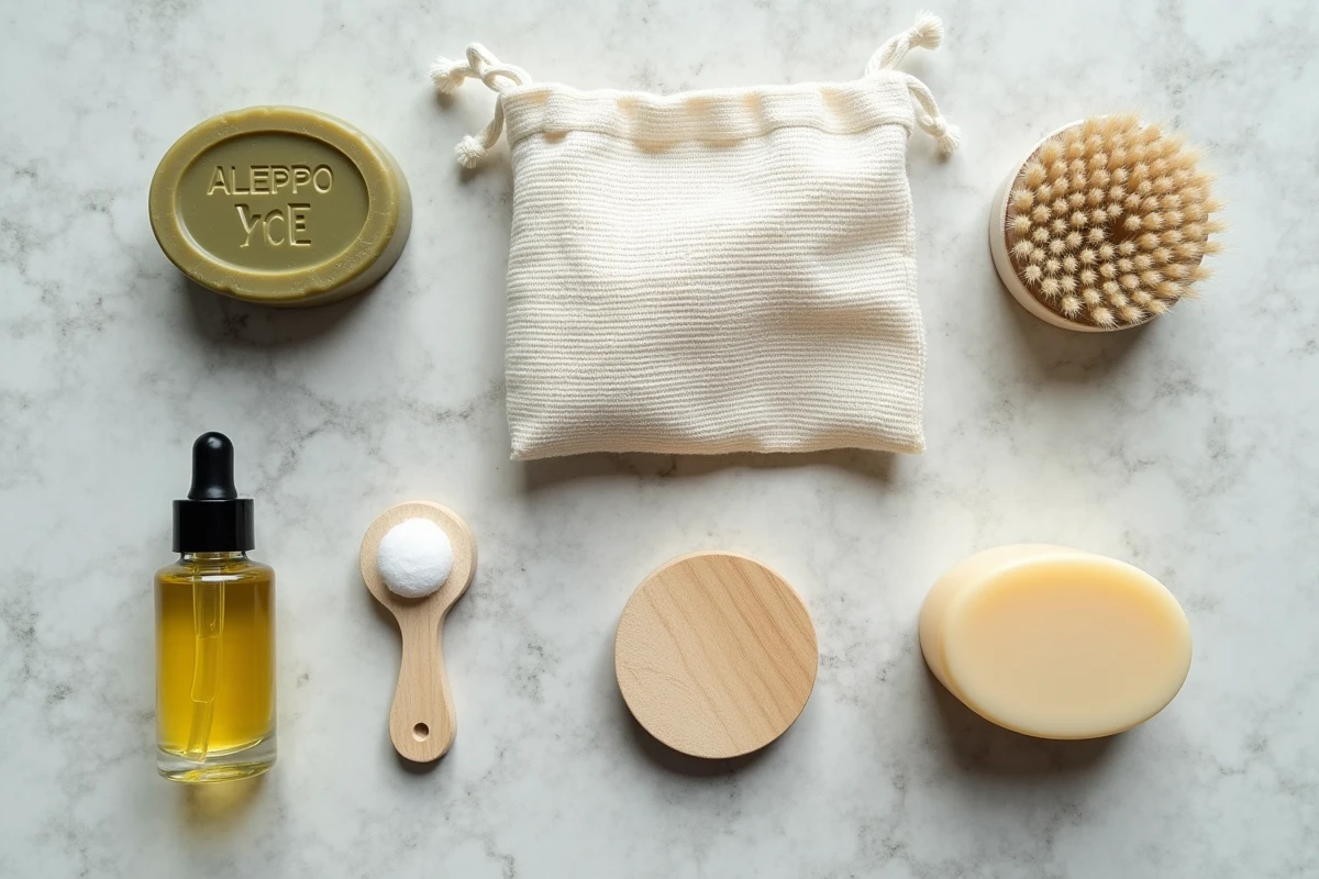 Vue du dessus d'un kit salle de bain zéro déchet avec savon d'Alep, huile de baies de laurier et accessoires naturels sur fond pierre