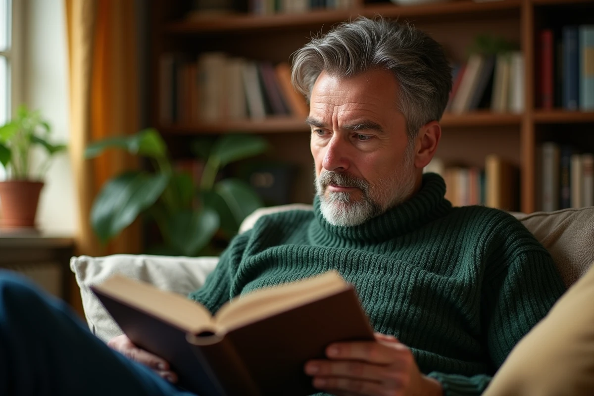 Homme lisant un livre dans un salon lumineux