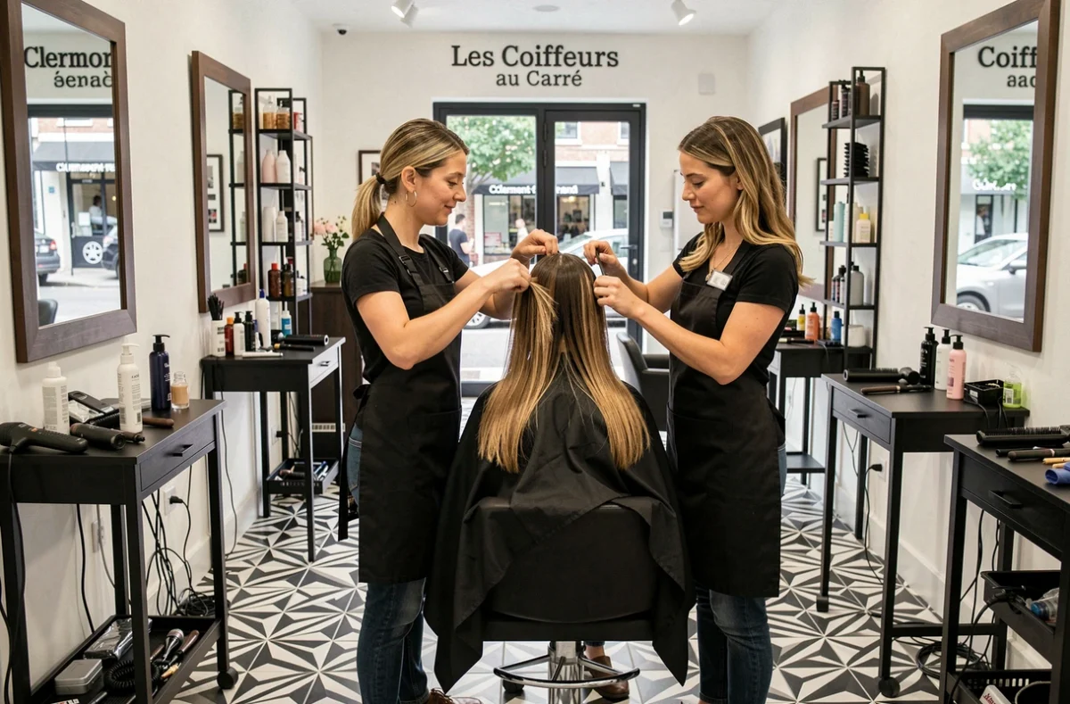 Deux coiffeuses travaillant en duo sur une cliente au salon Les Coiffeurs au Carré à Clermont-Ferrand