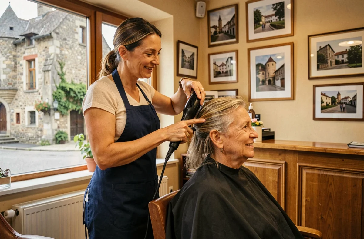 Coiffeuse séchant les cheveux d'une cliente dans le salon LM Coiffure à Crémieu avec l'architecture médiévale visible en arrière-plan