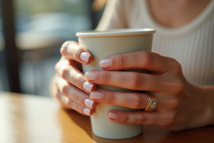 Main d'une femme avec ongles pastel dans un café lumineux