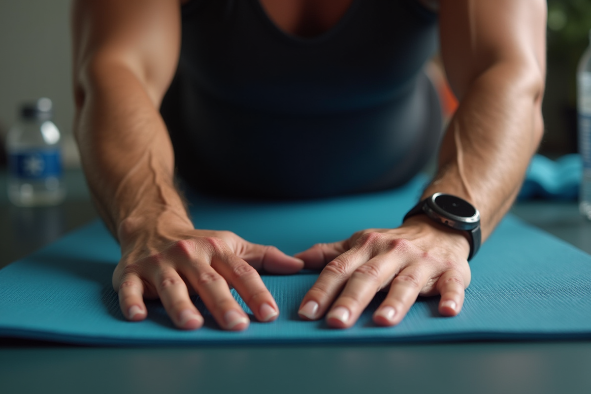 Mains et avant-bras en position de planche avec bouteille d