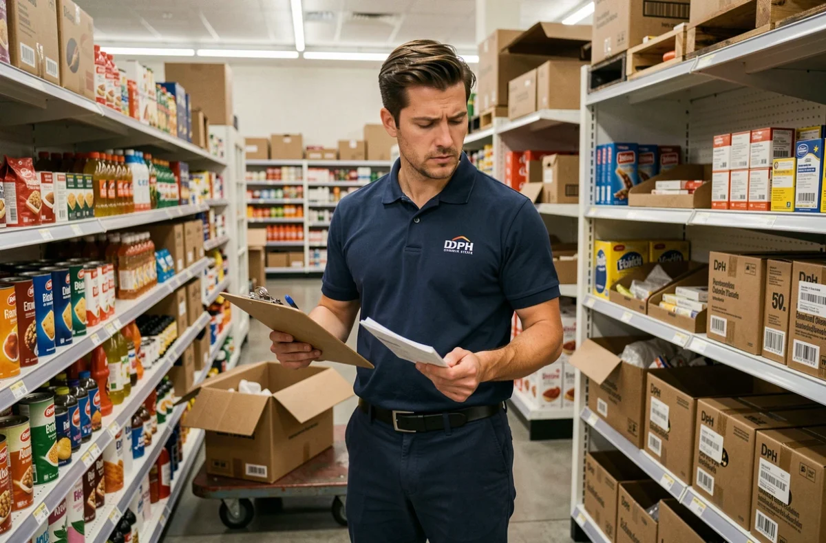 Manager de supermarché vérifiant les stocks du rayon DPH avec un clipboard