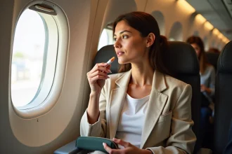 Femme appliquant un baume teinté dans un avion, avec une trousse de maquillage voyage posée sur la tablette