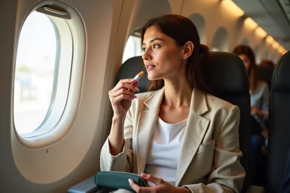 Femme appliquant un baume teinté dans un avion, avec une trousse de maquillage voyage posée sur la tablette