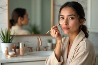 Femme aux traits aquilins appliquant du maquillage de contouring sur son nez devant un miroir de coiffeuse en marbre blanc