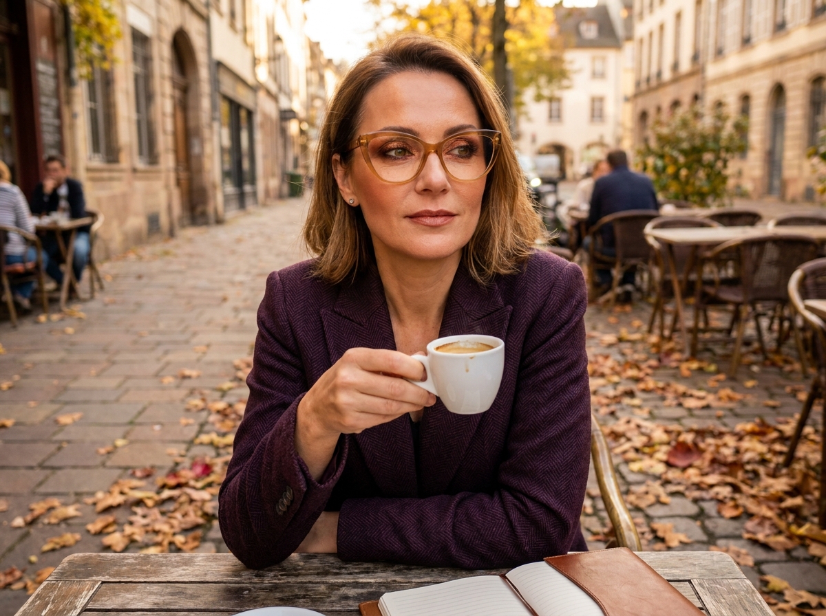 Femme élégante portant des lunettes cat-eye ambre avec un maquillage cut-crease cuivré en terrasse de café parisien en automne